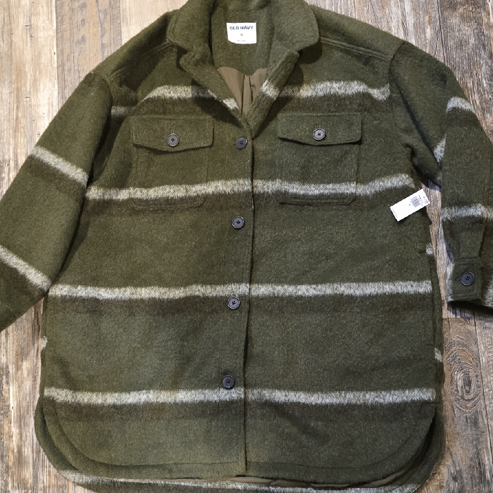 Old Navy Olive Green Striped Wool-Blend Shacket